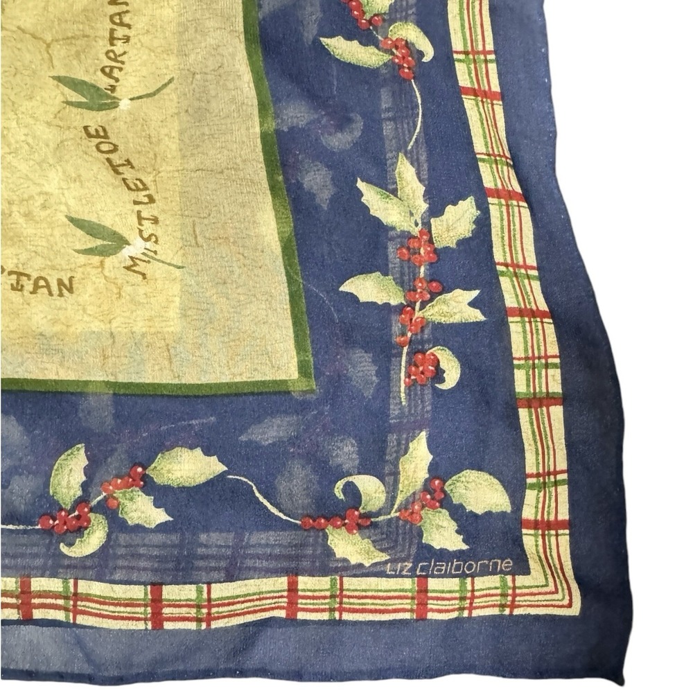 Vintage Liz Claiborne Square Silk Scarf Winter Holiday Holly Mistletoe Christmas - Picture 3 of 5